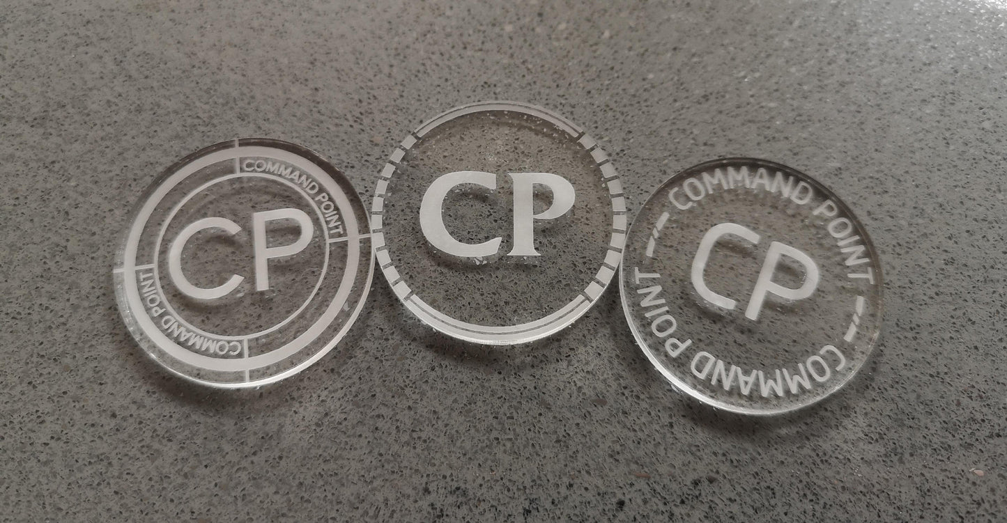 35mm Command Point Tokens - Set of 6, ideal for use with Warhammer/Age of Sigmar - Laser Engraved Acrylic Counters