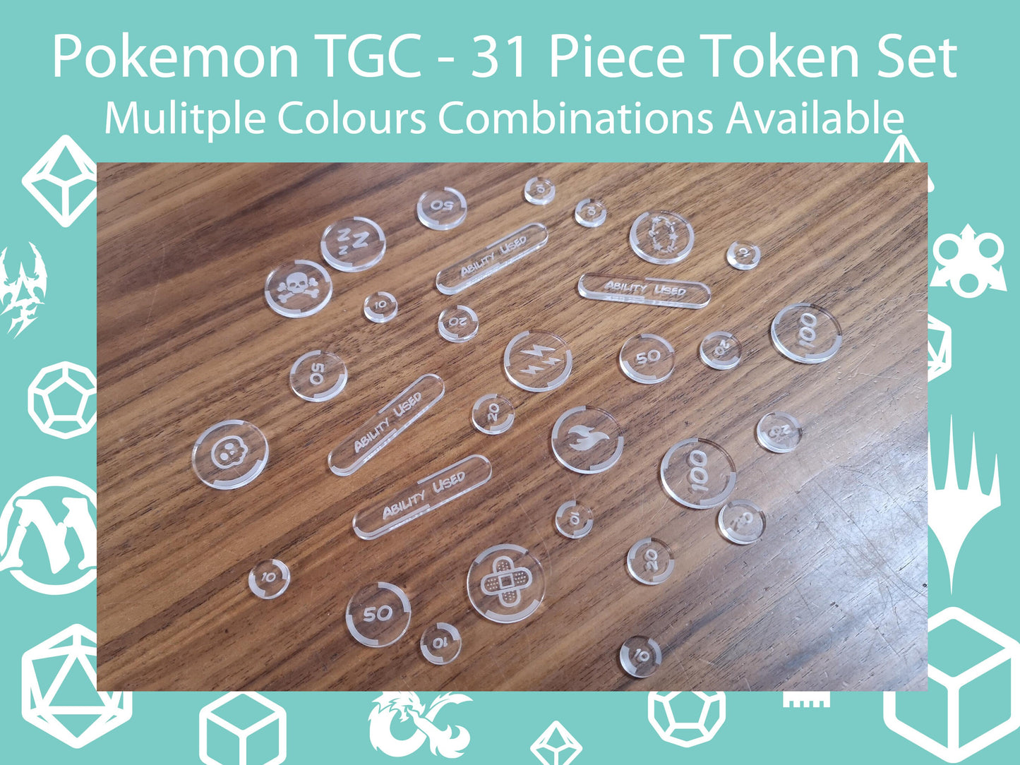 Pokemon TCG Compatible Effects/Status, Ability Used, Damage/Hit Point Acrylic Token Set