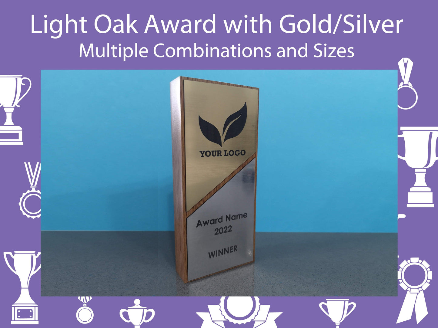 Light Oak Wooden Award with a Combination of Silver and Gold Engraving Area