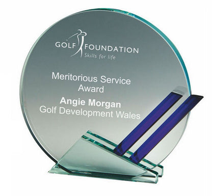 Clear Glass Round Award with Blue Trim - 12mm Thickness. Personalised Laser Engraving and Presentation Case