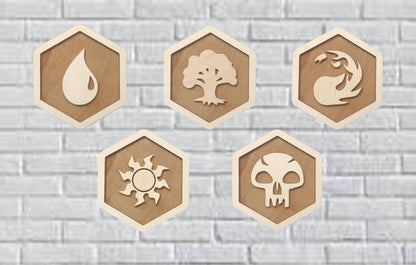 Hexagonal Magic The Gathering Wall Hanging Plaques - Set of 5 - Laser Cut Poplar