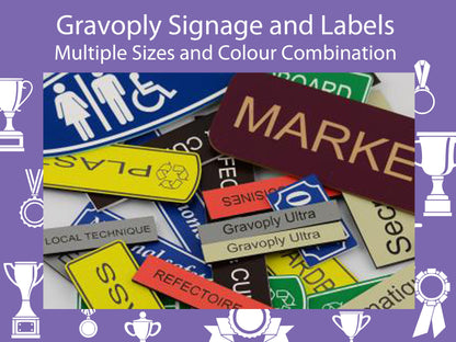 Labels and Signage - 2 ply Acrylic (Gravoply) . Suitable for indoor and outdoor use. Fully Customisable. Great for Organising. Trophy Plates