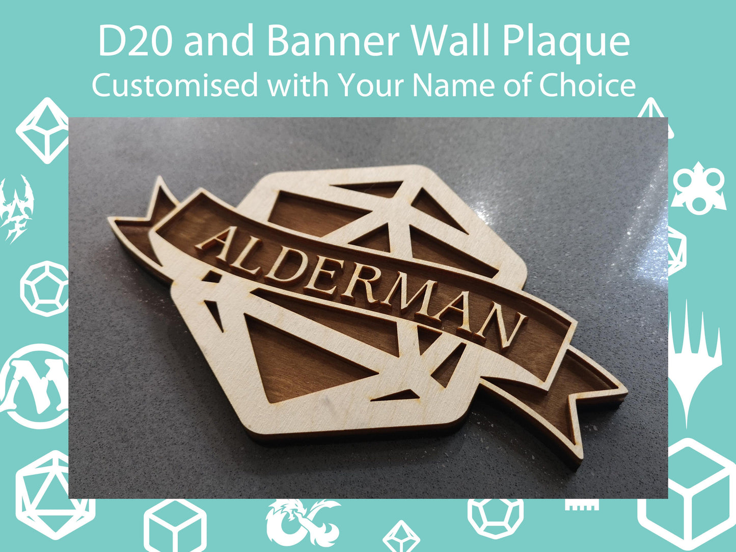 Personalised Wooden D20 Plaque. Wall Mounted.