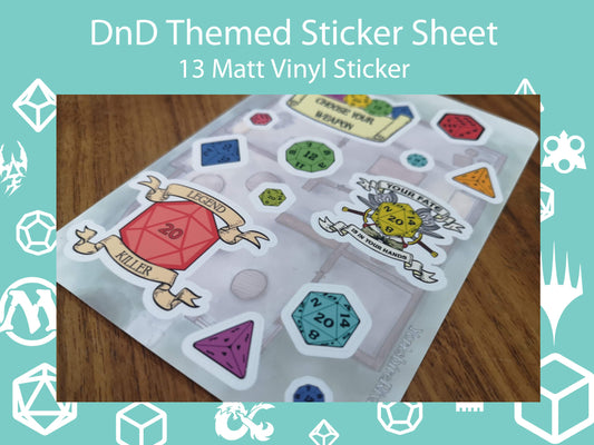 Dungeons and Dragons Themed Matt Vinyl Sticker Sheet - 3 Large DnD themed Stickers and 10 Dice Stickers