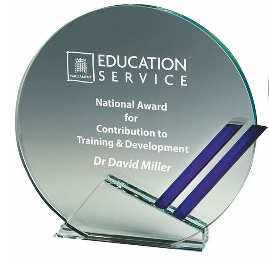 Clear Glass Round Award with Blue Trim - 12mm Thickness. Personalised Laser Engraving and Presentation Case