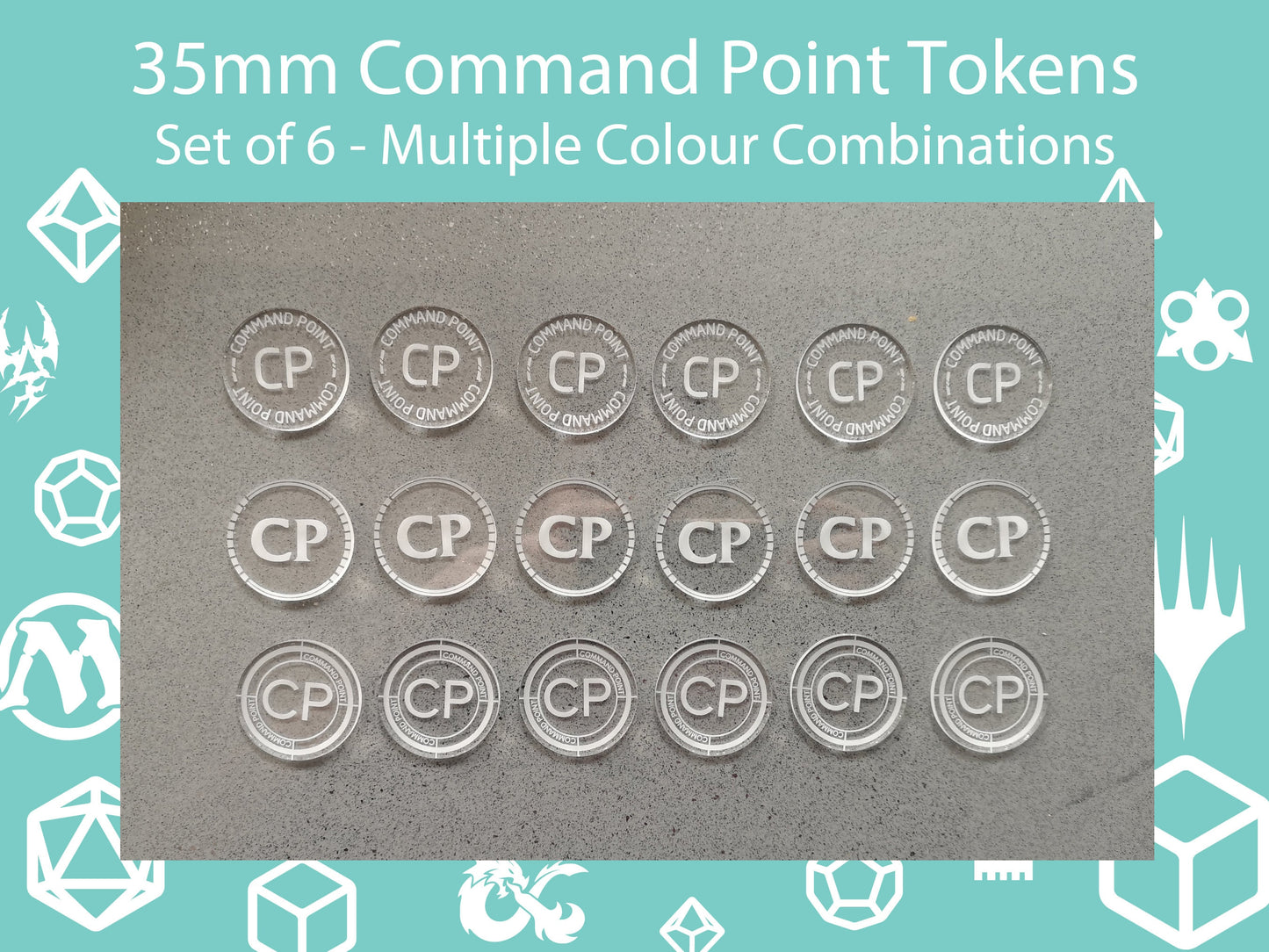 35mm Command Point Tokens - Set of 6, ideal for use with Warhammer/Age of Sigmar - Laser Engraved Acrylic Counters