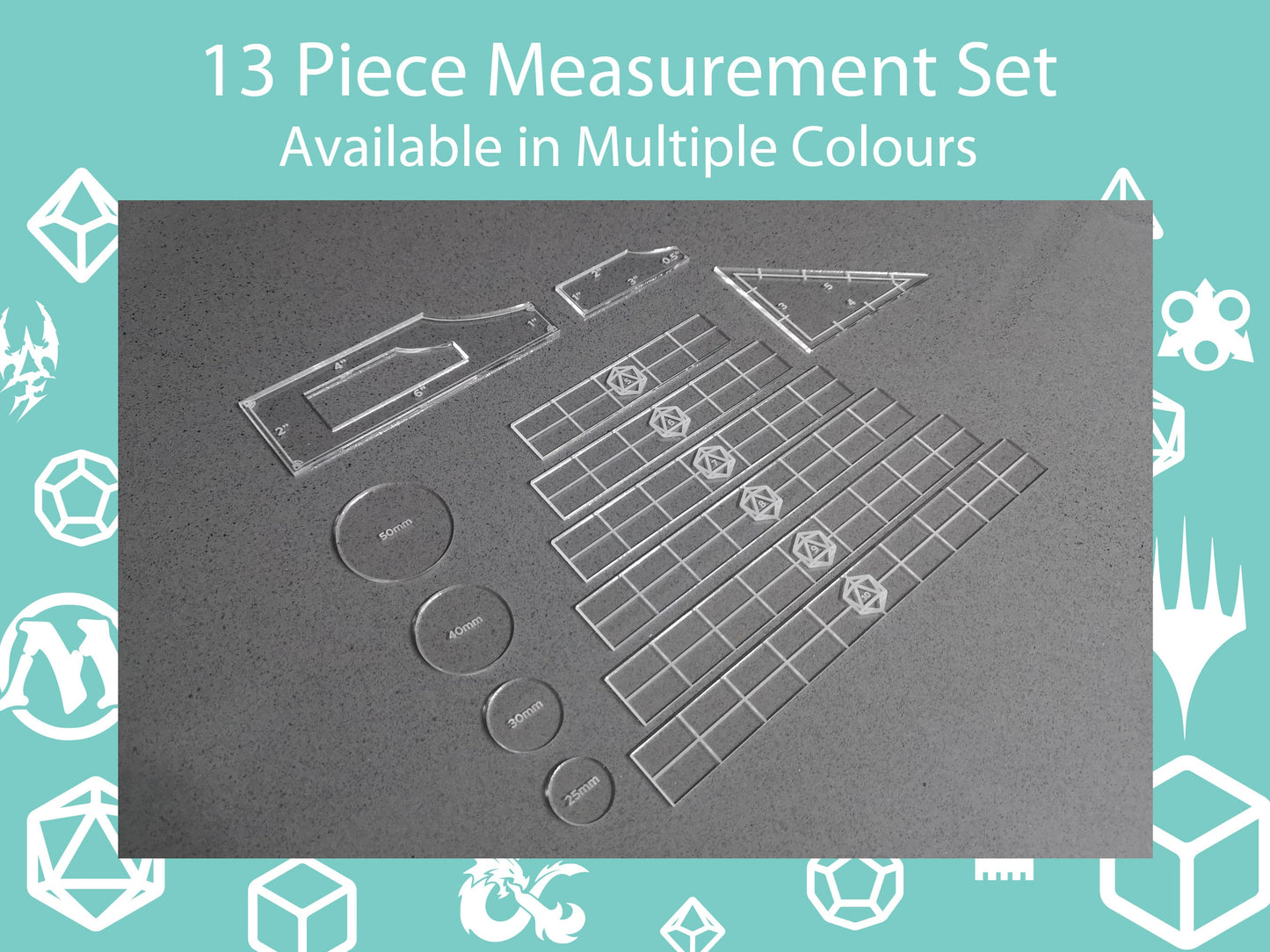 13 Piece Table Top Measuring Set - Rulers, Tools, Widgets & Gauges - Tabletop Wargaming Set