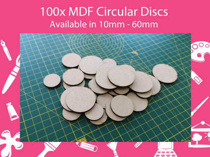 100 Pack MDF Circular Discs/Craft Blanks. 10mm-60mm dia, 3mm Thick - Laser Cut - Ideal for Crafting, Resin Work, Modelling, Miniatures