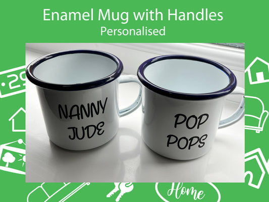 Personalised Enamel Mug with Handle. Great for Camping and Gardening