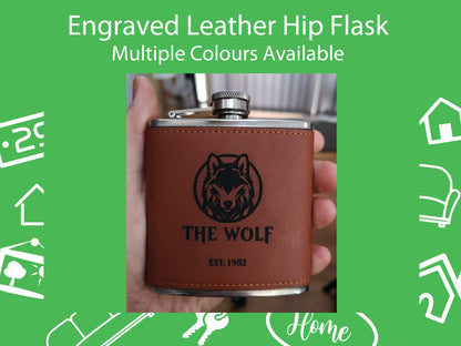 Personalised Engraved Leather 6oz Hip Flask - Multiple Colours Available