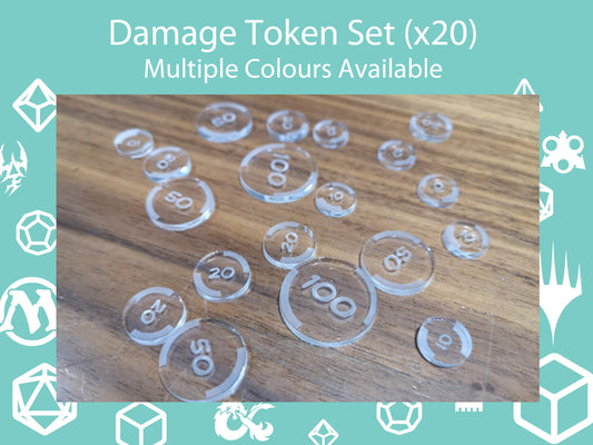 Damage Tokens Set (x20). Acrylic Tokens in a variety of Colours.