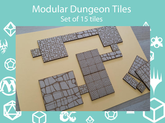 Modular Dungeon Tiles - 15 mixed stone tile pieces made of engraved MDF